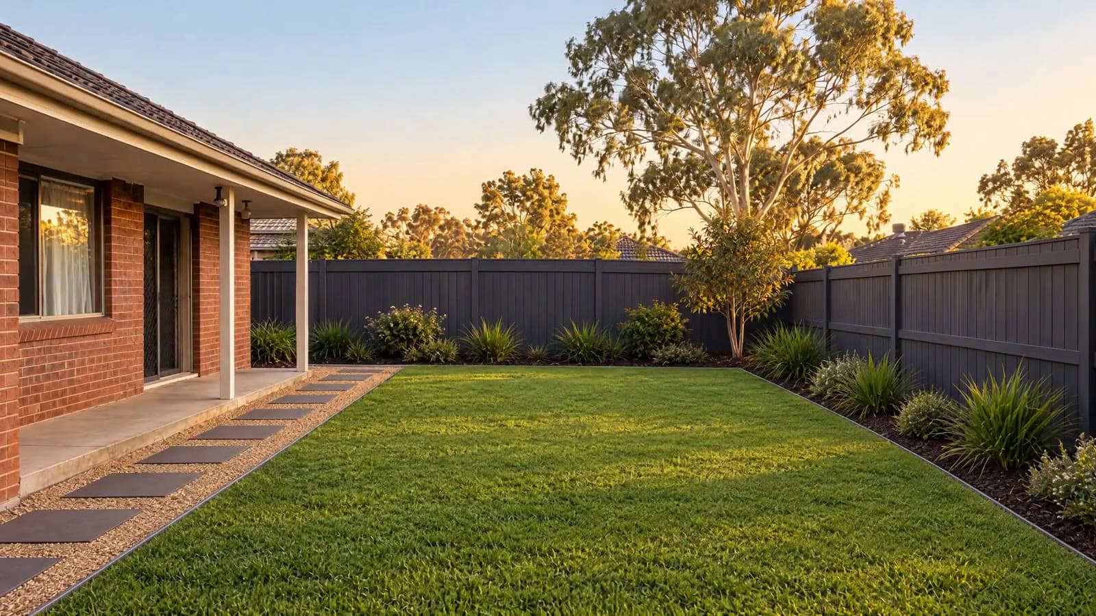 A Melbourne backyard with fresh lawn, planted borders and a path at first light
