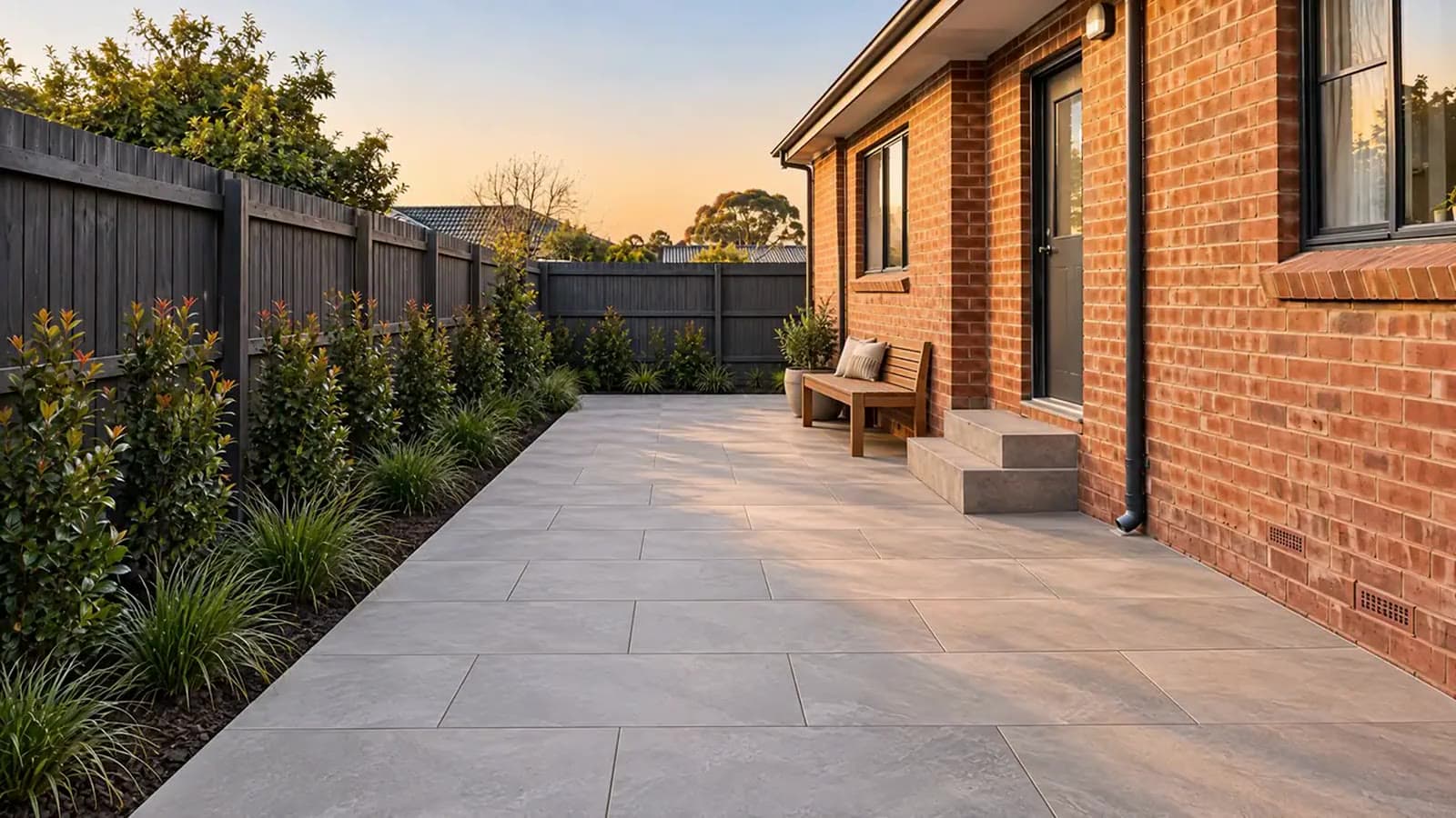 Finished: a paved side yard with planting along the fence and a bench by the back door