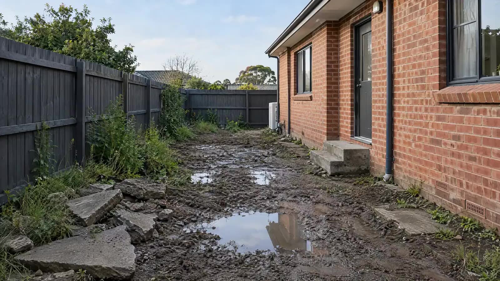 Before: a muddy side yard with broken pavers and puddles beside a brick house