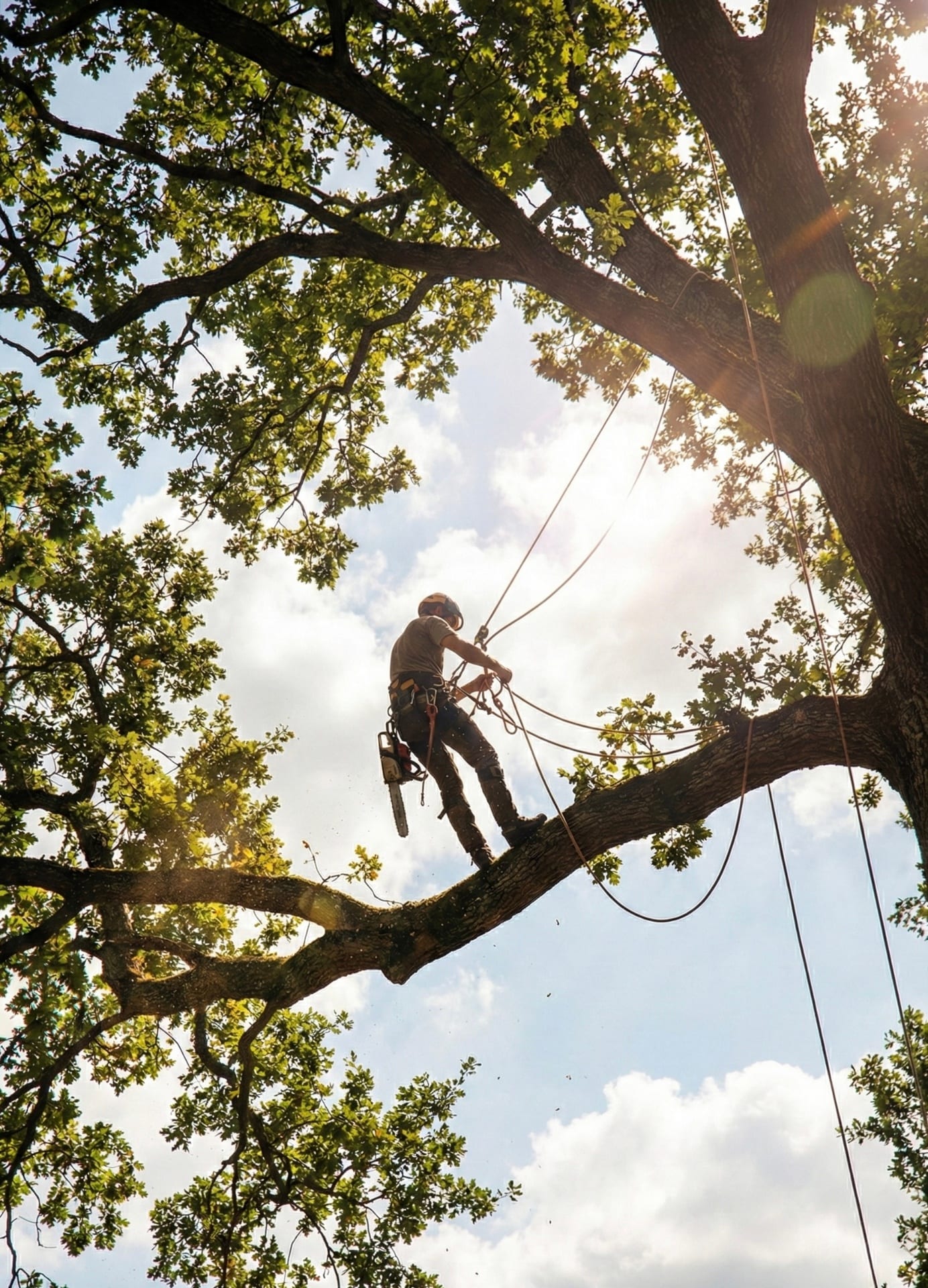 Illustrative image of an arborist working in a tree canopy