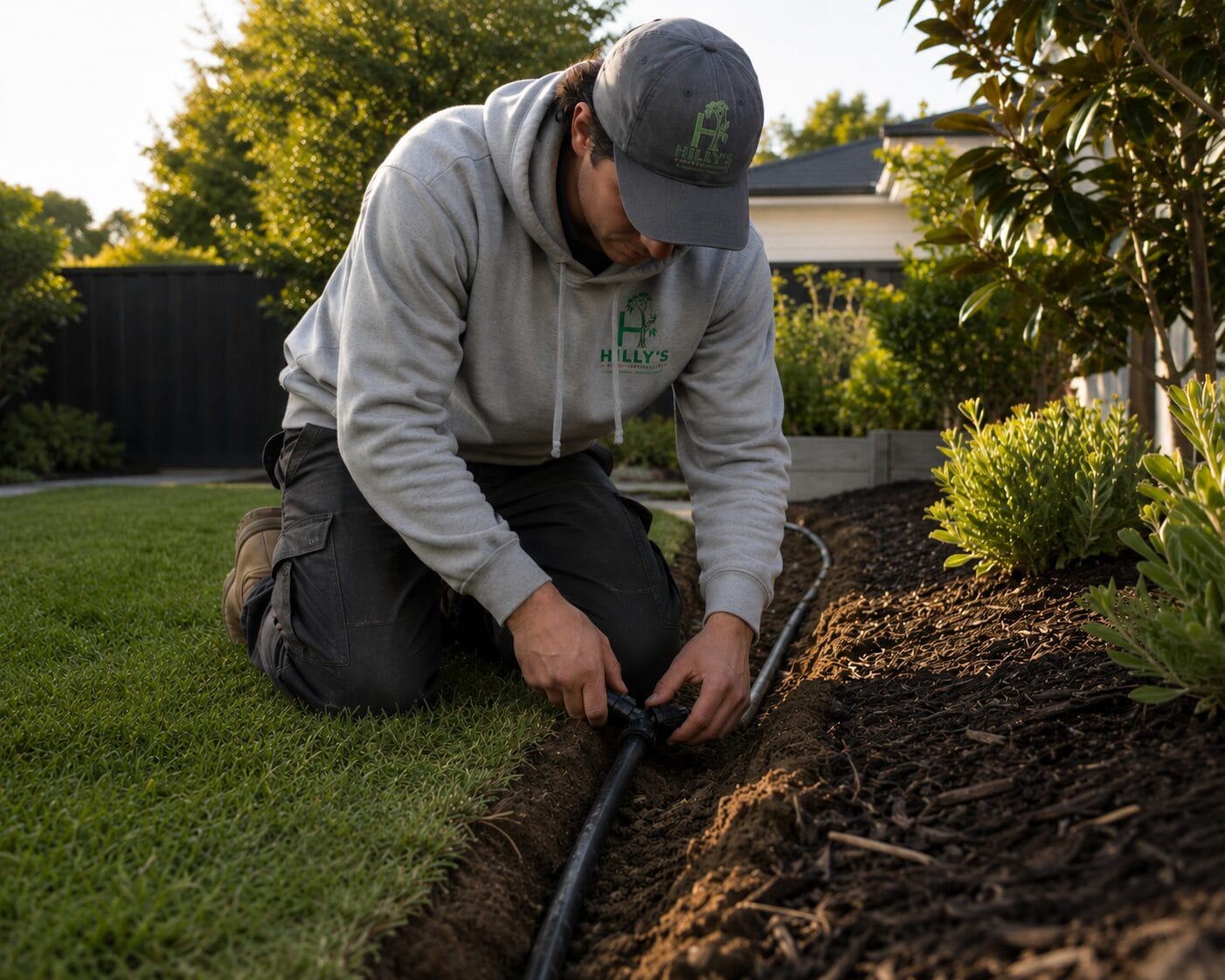 Hilly's landscaper in a grey hoodie kneeling beside a freshly trenched drip irrigation line, connecting a fitting next to a paver path and established lawn