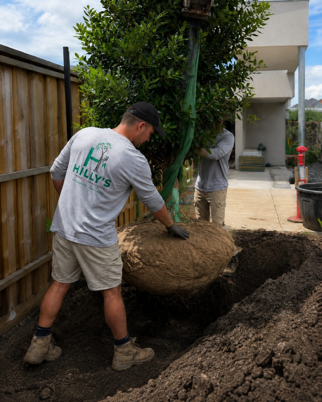 Two Hilly's arborists in grey tees lowering a root-balled feature tree into a freshly dug hole at a Melbourne residential site