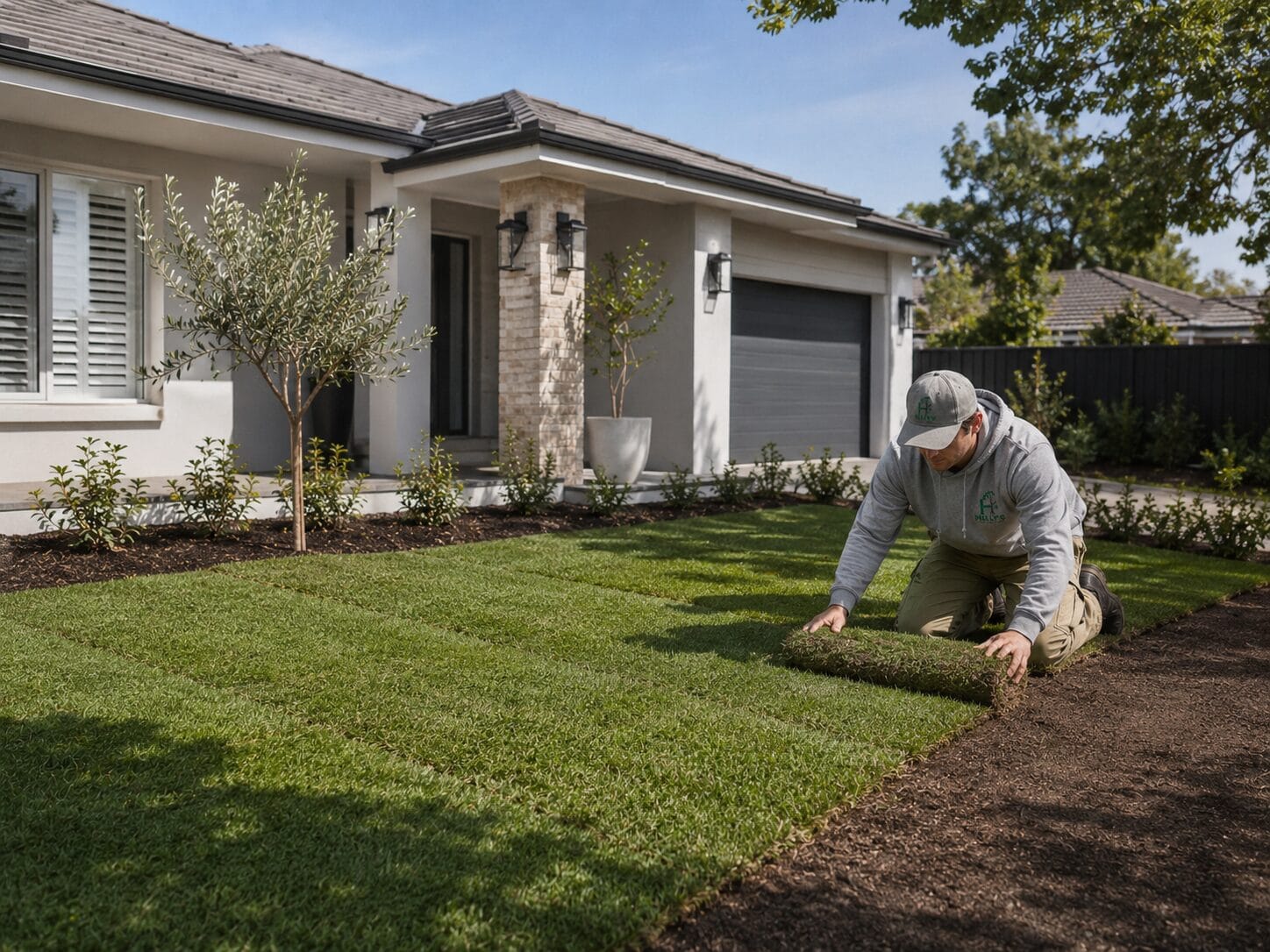 Landscaper laying turf rolls at a Melbourne residential property