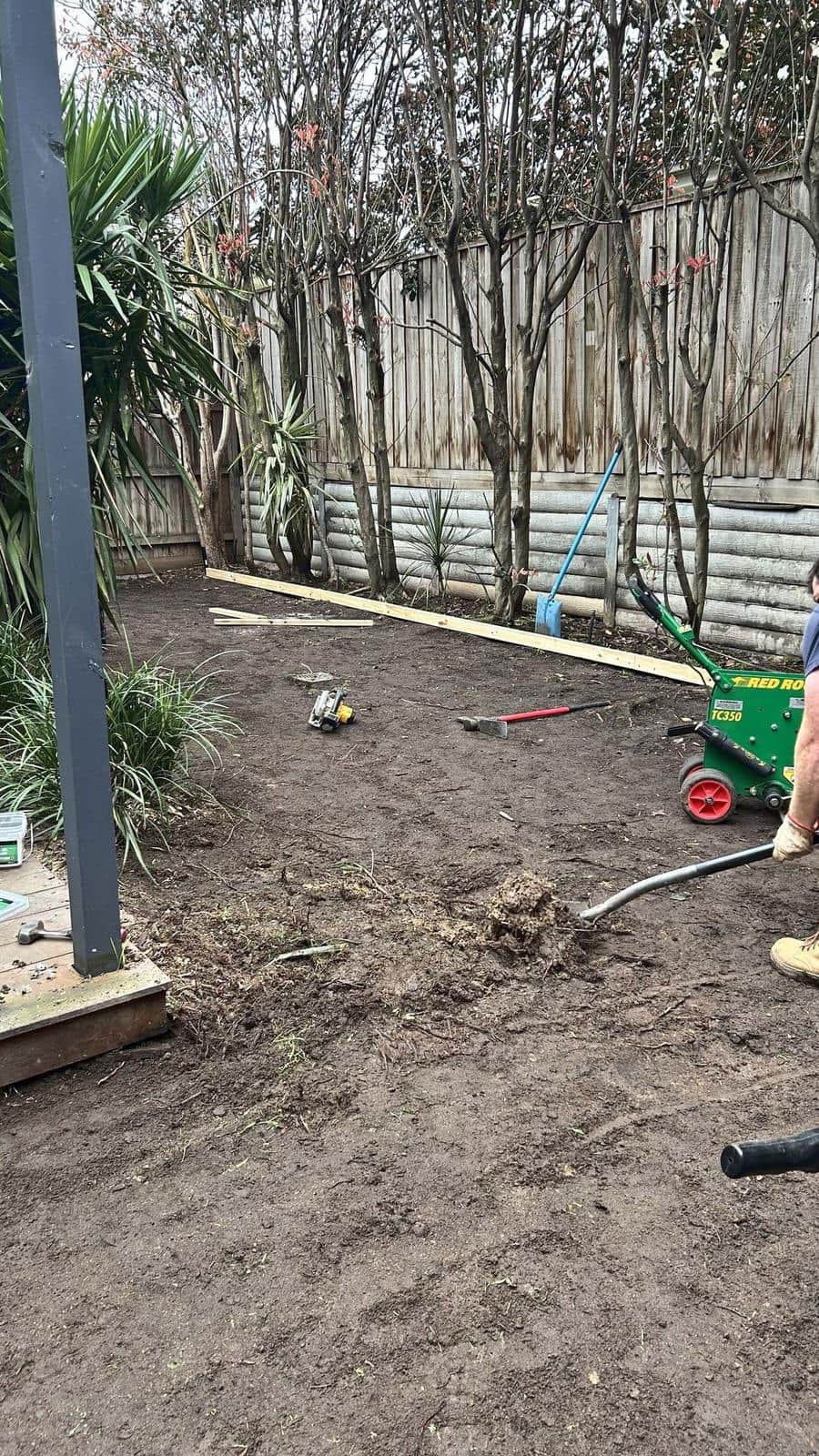 Back garden stripped to soil with new edging boards, Burwood